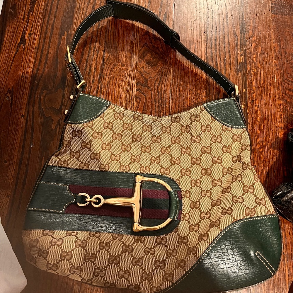 Gucci Brown GG Canvas and Green Leather Shoulder Bag